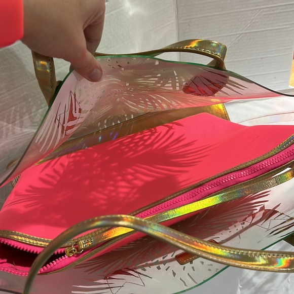 Lilly Pulitzer bag with hot pink neoprene tote bag insert large green clear - Picture 5 of 7